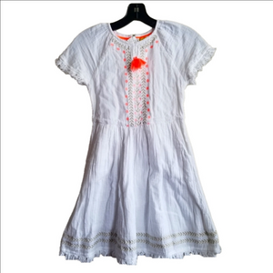 Boden Gauze Cotton White Short Sleeve Sleeve Embroidered Tassel Dress Size 9/10